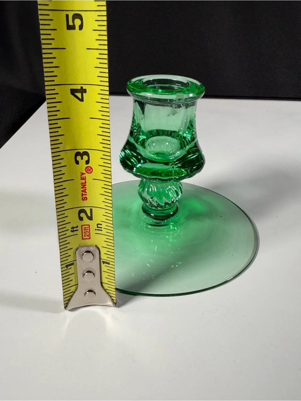 Mismatched Fostoria pair of Green Glass Candle Holders, one etched glows,